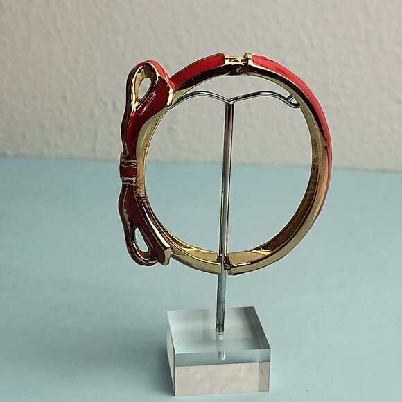 RIBBON BOW Enamel Shape Hinged Bangle Bracelet Vibrant Red Gold Plated - Picture 5 of 6